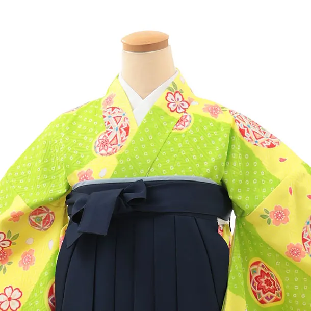 小学生卒業式かんたん袴(女の子) Z629 ビビットグリーン鞠×紺椿