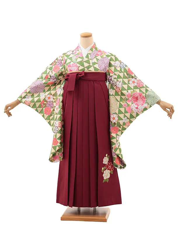 小学生卒業式略式袴(女の子) Z631 クリーム緑うろこ花×エンジ椿
