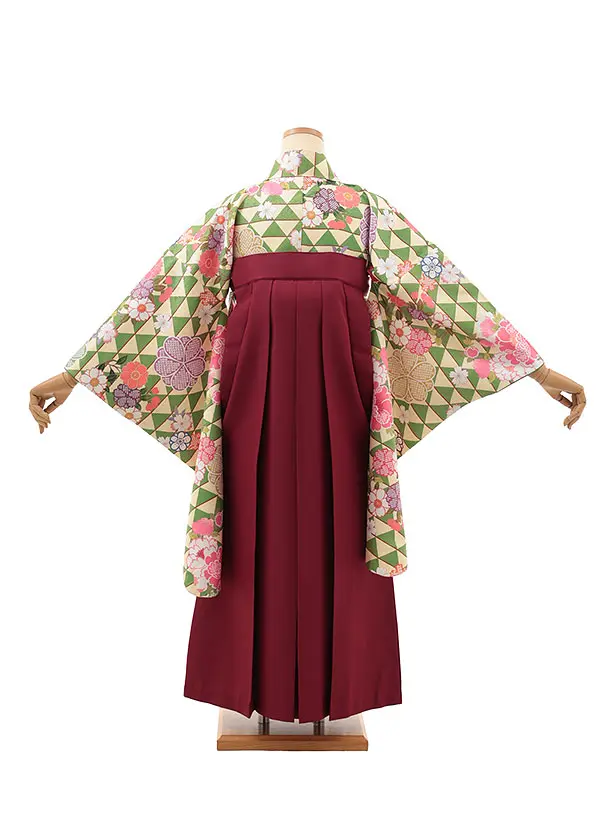 小学生卒業式略式袴(女の子) Z631 クリーム緑うろこ花×エンジ椿