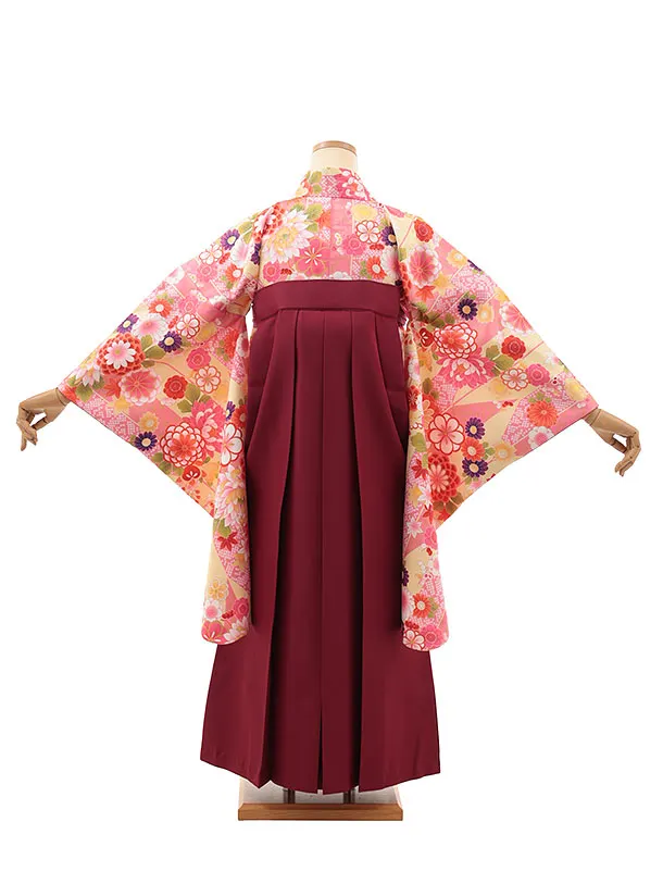 小学生卒業式かんたん袴(女の子) Z632 ピンクイエロー花×エンジ椿