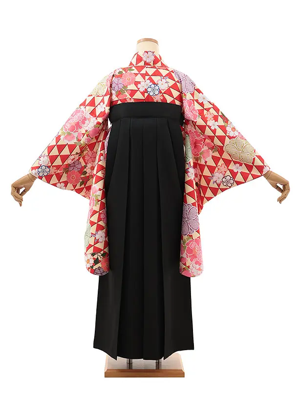 小学生卒業式かんたん袴(女の子) Z633 クリーム赤うろこ花×黒椿