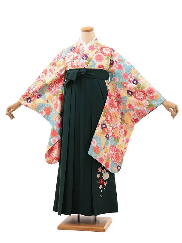 小学生卒業式略式袴(女の子) Z634 水色イエロー花×緑桜