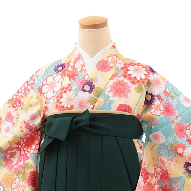 小学生卒業式略式袴(女の子) Z634 水色イエロー花×緑桜