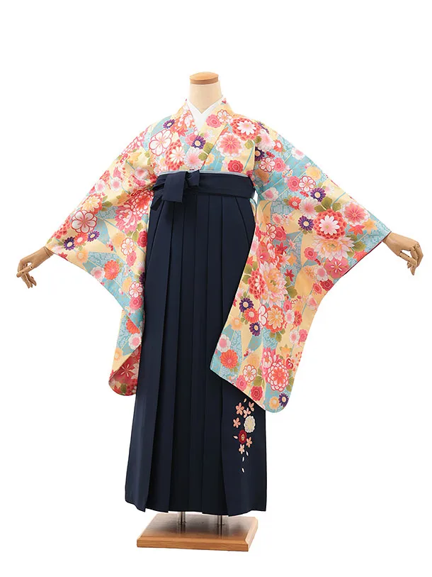 小学生卒業式略式袴(女の子) Z635 水色イエロー花×紺桜
