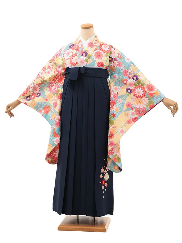 小学生卒業式かんたん袴(女の子) Z635 水色イエロー花×紺桜