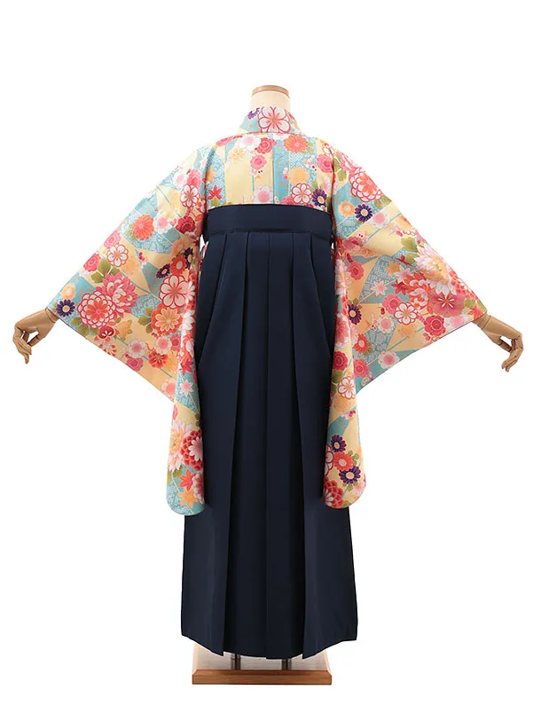 小学生卒業式かんたん袴(女の子) Z635 水色イエロー花×紺桜