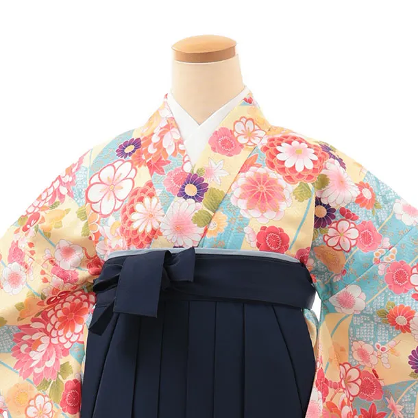 小学生卒業式かんたん袴(女の子) Z635 水色イエロー花×紺桜