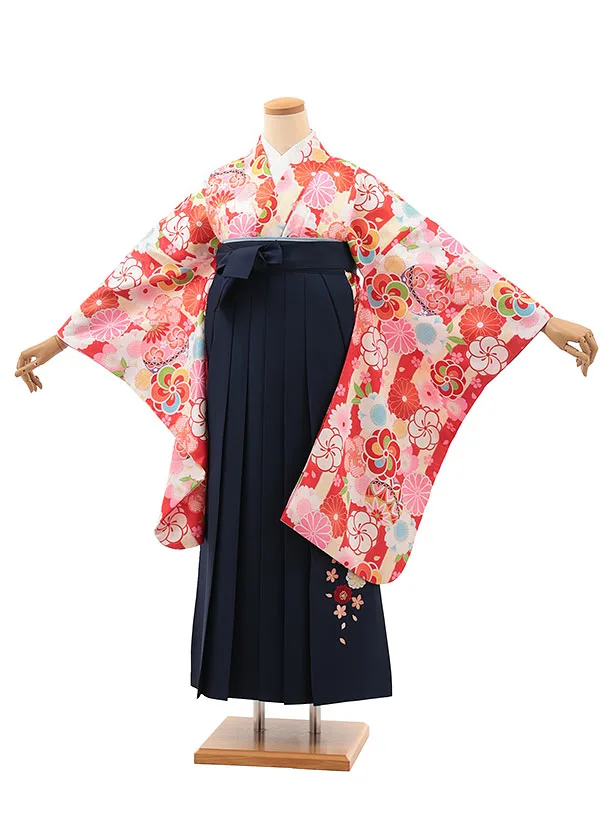 小学生卒業式略式袴(女の子) Z636 クリーム赤ストライプ鞠花×紺桜