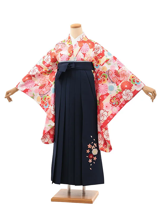 小学生卒業式略式袴(女の子) Z636 クリーム赤ストライプ鞠花×紺桜