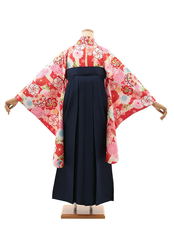 小学生卒業式略式袴(女の子) Z636 クリーム赤ストライプ鞠花×紺桜