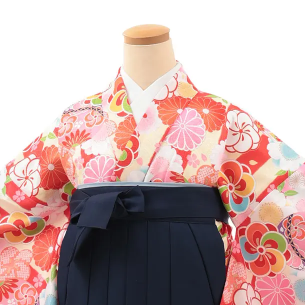 小学生卒業式略式袴(女の子) Z637 クリーム赤ストライプ鞠花×紺桜