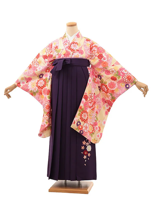 小学生卒業式略式袴(女の子) Z639 ピンクイエロー花×紫桜