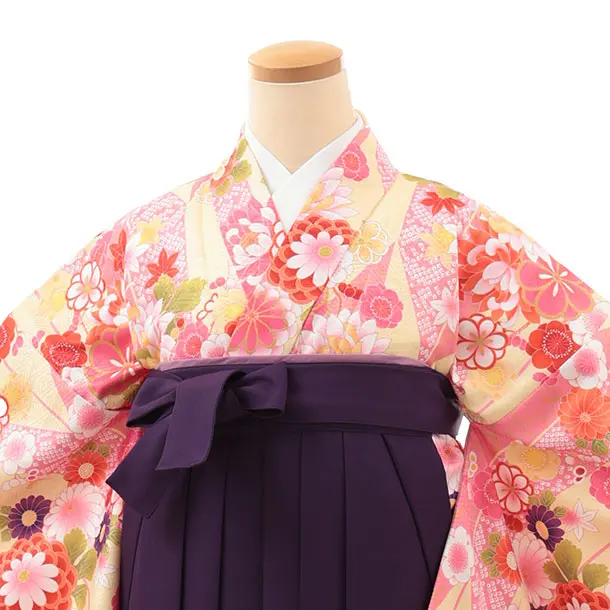 小学生卒業式略式袴(女の子) Z639 ピンクイエロー花×紫桜