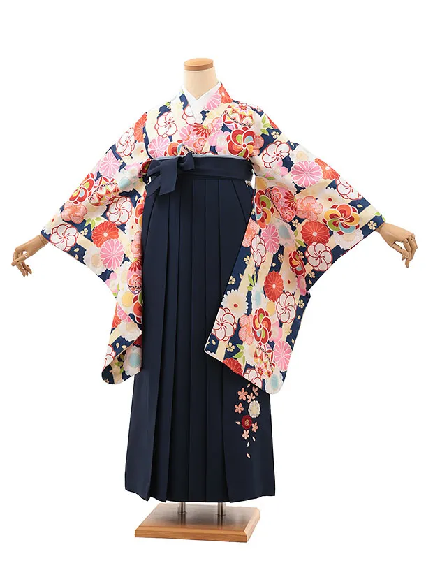 小学生卒業式略式袴(女の子) Z641 クリーム紺ストライプ×紺桜