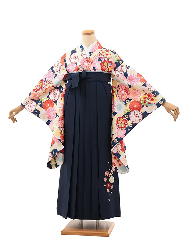 小学生卒業式略式袴(女の子) Z641 クリーム紺ストライプ×紺桜