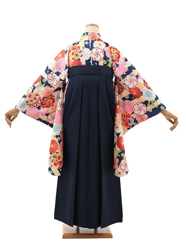 小学生卒業式略式袴(女の子) Z641 クリーム紺ストライプ×紺桜