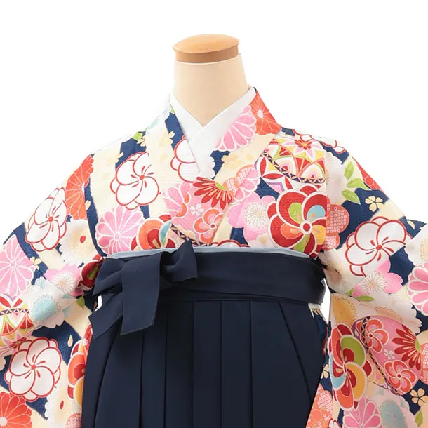 小学生卒業式略式袴(女の子) Z641 クリーム紺ストライプ×紺桜