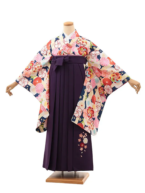 小学生卒業式略式袴(女の子) Z642 クリーム紫ストライプ×紫桜