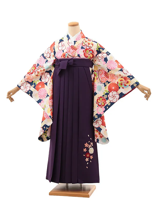 小学生卒業式略式袴(女の子) Z642 クリーム紫ストライプ×紫桜