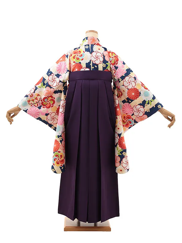 小学生卒業式略式袴(女の子) Z642 クリーム紫ストライプ×紫桜