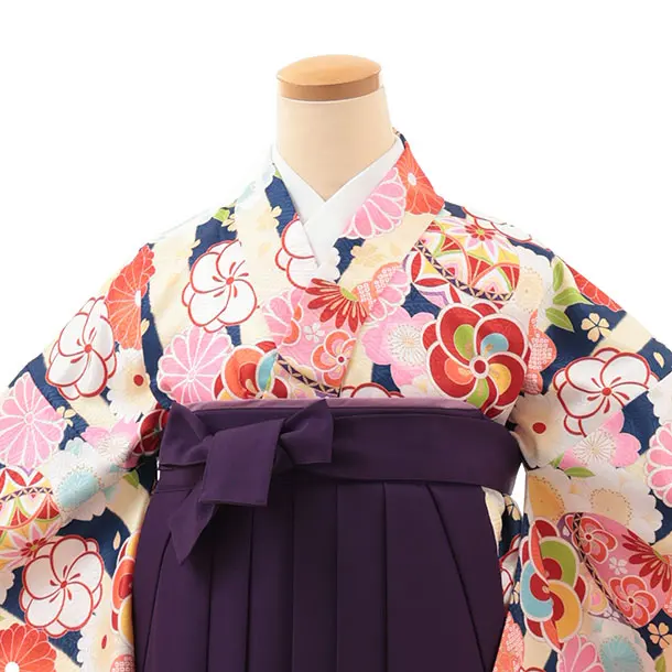 小学生卒業式略式袴(女の子) Z642 クリーム紫ストライプ×紫桜