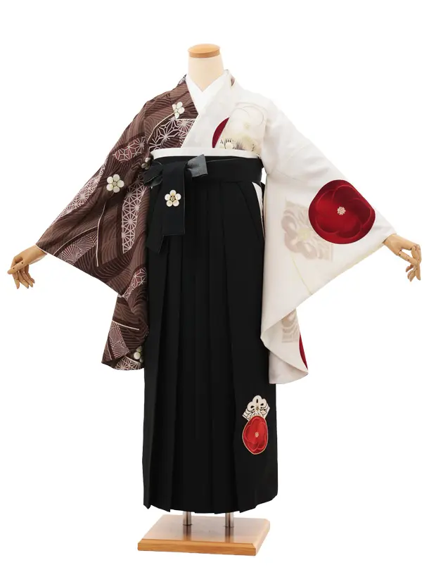 小学生卒業式袴(女の子)Z659 JAPAN STYLE 茶白片身替り梅椿×黒