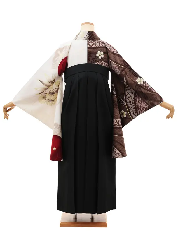 小学生卒業式袴(女の子)Z659 JAPAN STYLE 茶白片身替り梅椿×黒