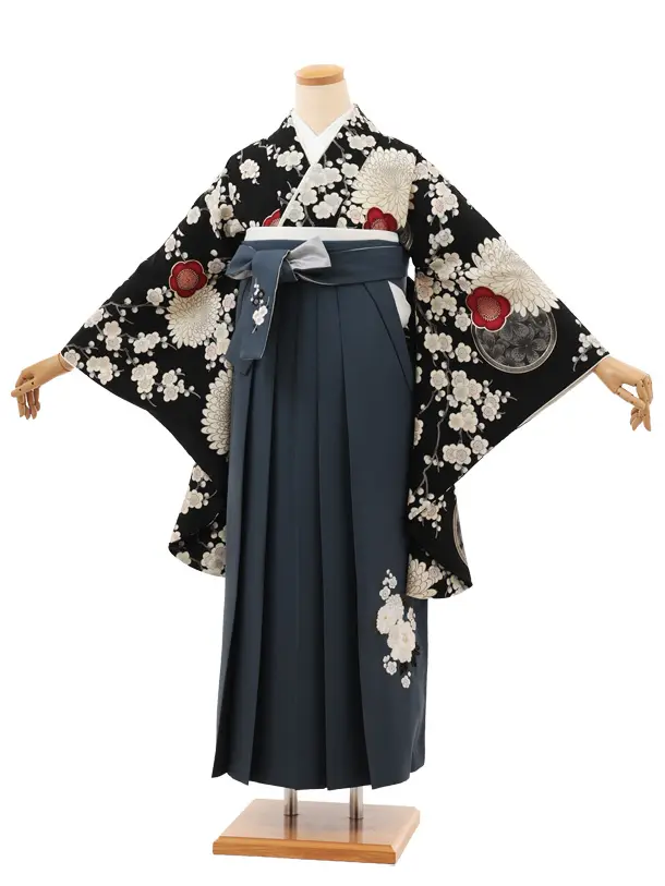 小学生卒業式袴(女の子) Z673 九重 黒梅に菊×グレー