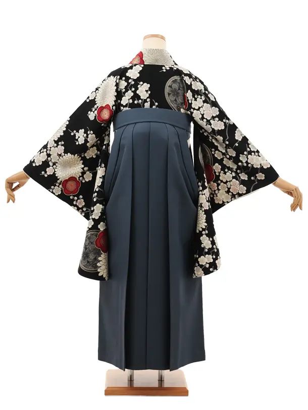 小学生卒業式袴(女の子) Z673 九重 黒梅に菊×グレー