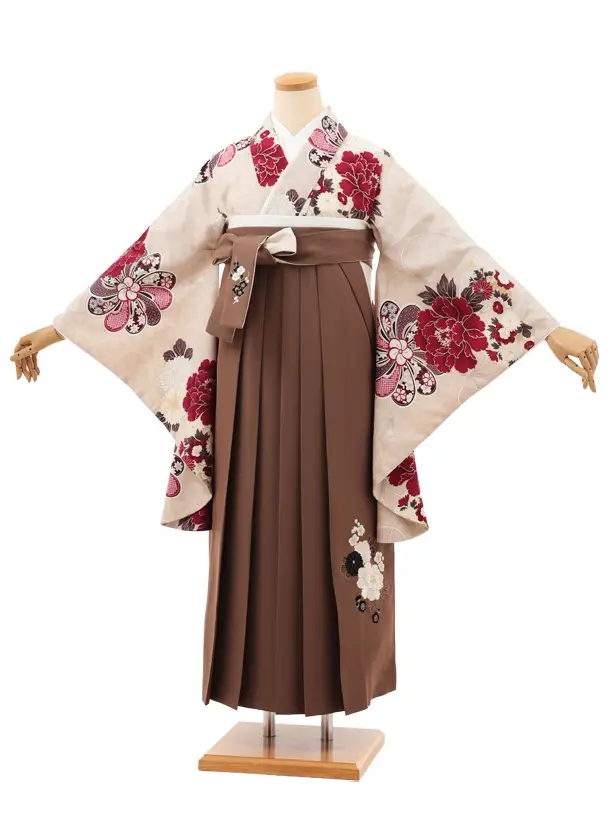 小学生卒業式袴(女の子) Z675 九重 ベージュ牡丹×モカブラウン