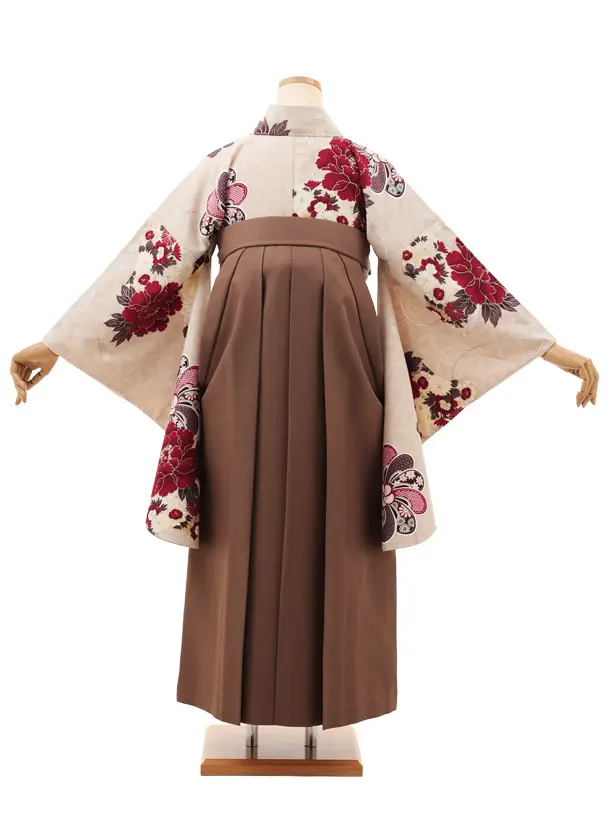 小学生卒業式袴(女の子) Z675 九重 ベージュ牡丹×モカブラウン