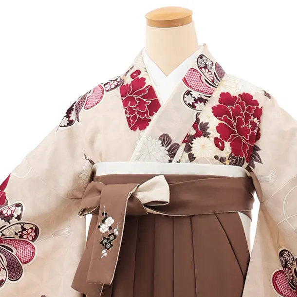 小学生卒業式袴(女の子) Z675 九重 ベージュ牡丹×モカブラウン