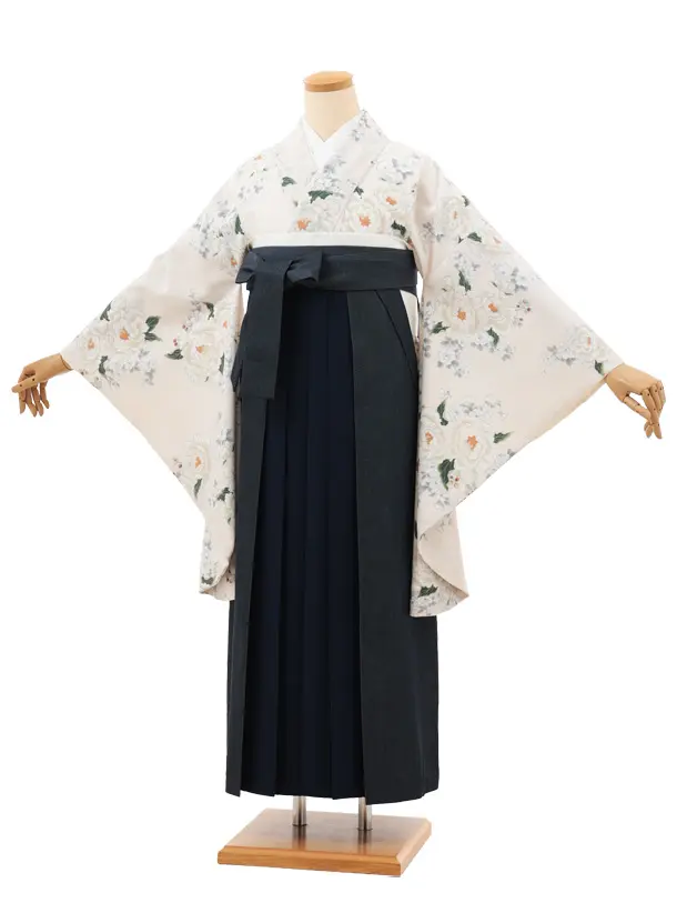 小学生袴(女の子) Z678 Heather アイボリー牡丹×デニム切りかえ