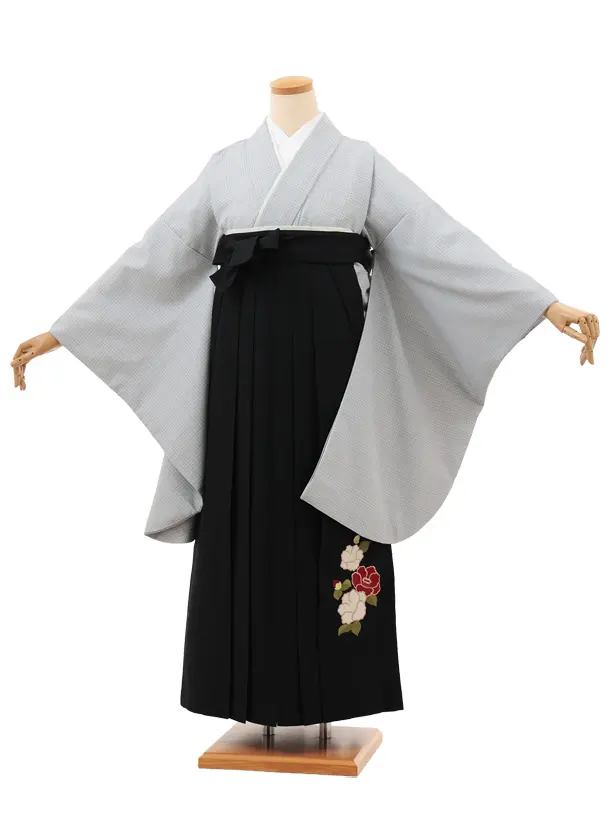 小学生卒業式略式袴(女の子) Z697 グレーグレンチェック×黒椿