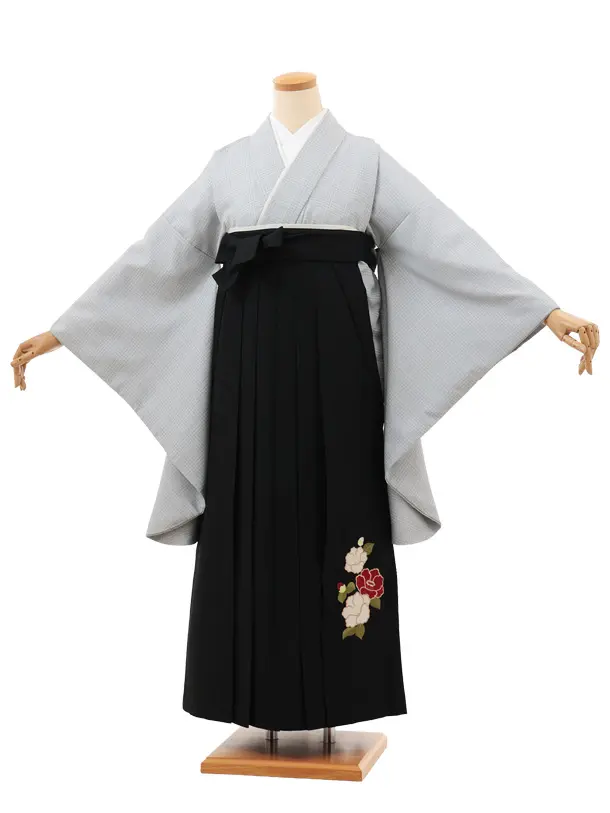 小学生卒業式略式袴(女の子) Z697 グレーグレンチェック×黒椿