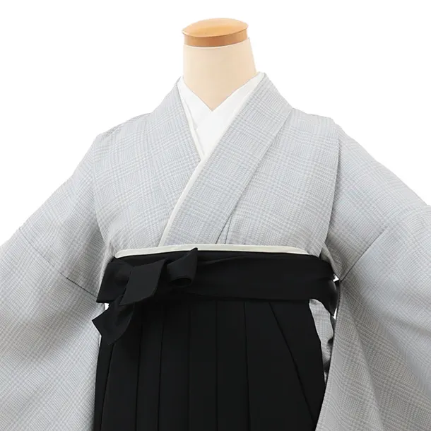 小学生卒業式略式袴(女の子) Z697 グレーグレンチェック×黒椿