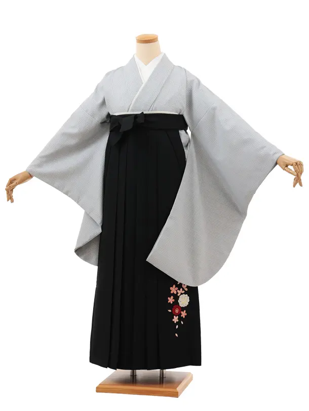 小学生卒業式略式袴(女の子) Z698 グレーグレンチェック×黒桜