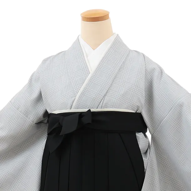 小学生卒業式略式袴(女の子) Z698 グレーグレンチェック×黒桜
