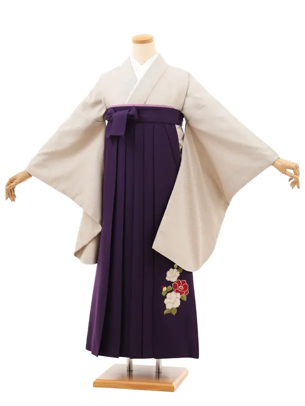小学生卒業式略式袴(女の子) Z701 ベージュグレンチェック×紫椿