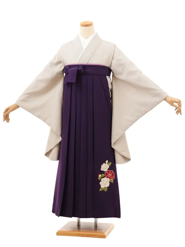 小学生卒業式略式袴(女の子) Z701 ベージュグレンチェック×紫椿
