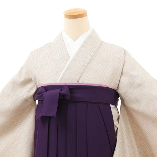 小学生卒業式略式袴(女の子) Z701 ベージュグレンチェック×紫椿