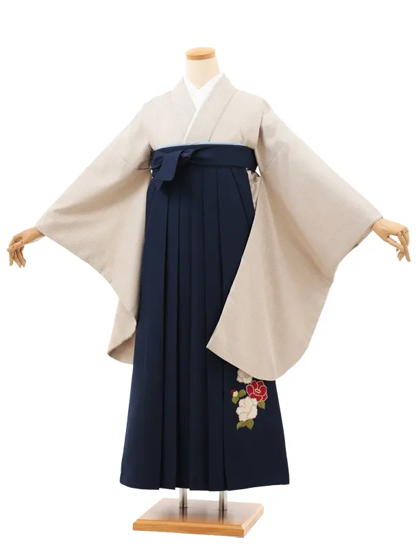 小学生卒業式略式袴(女の子) Z703 ベージュグレンチェック×紺椿