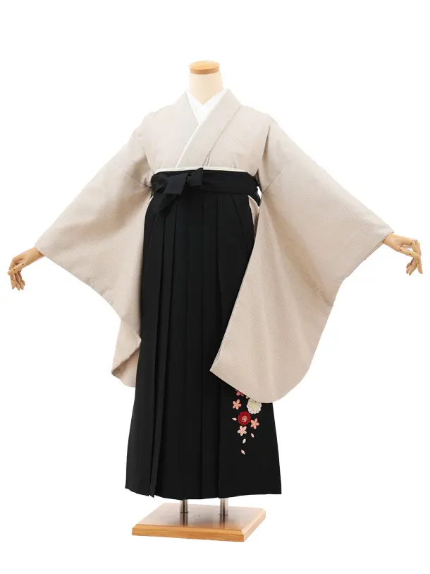 小学生卒業式略式袴(女の子) Z704 ベージュグレンチェック×黒桜