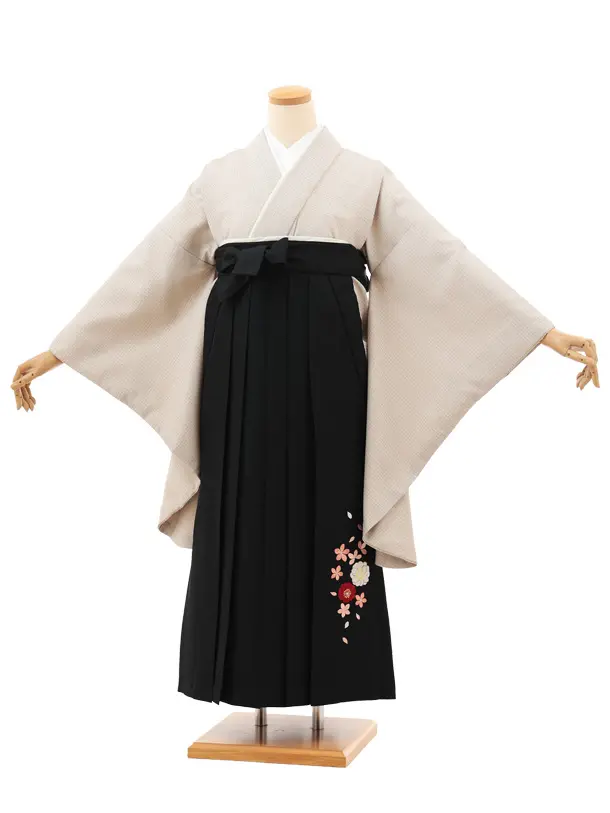 小学生卒業式略式袴(女の子) Z704 ベージュグレンチェック×黒桜