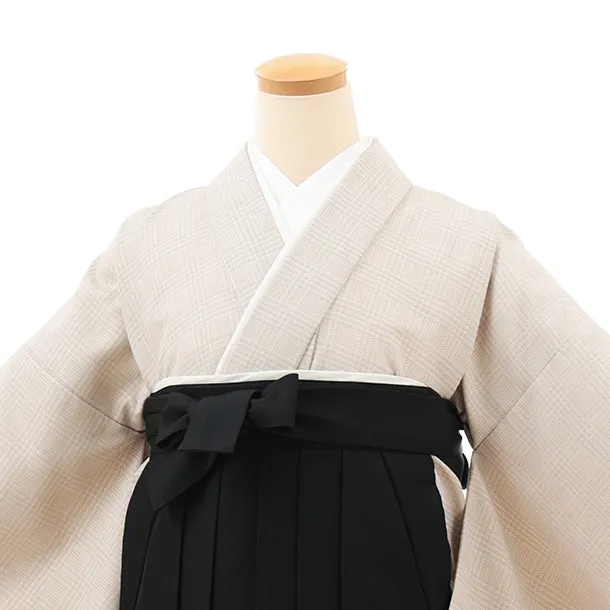 小学生卒業式略式袴(女の子) Z704 ベージュグレンチェック×黒桜