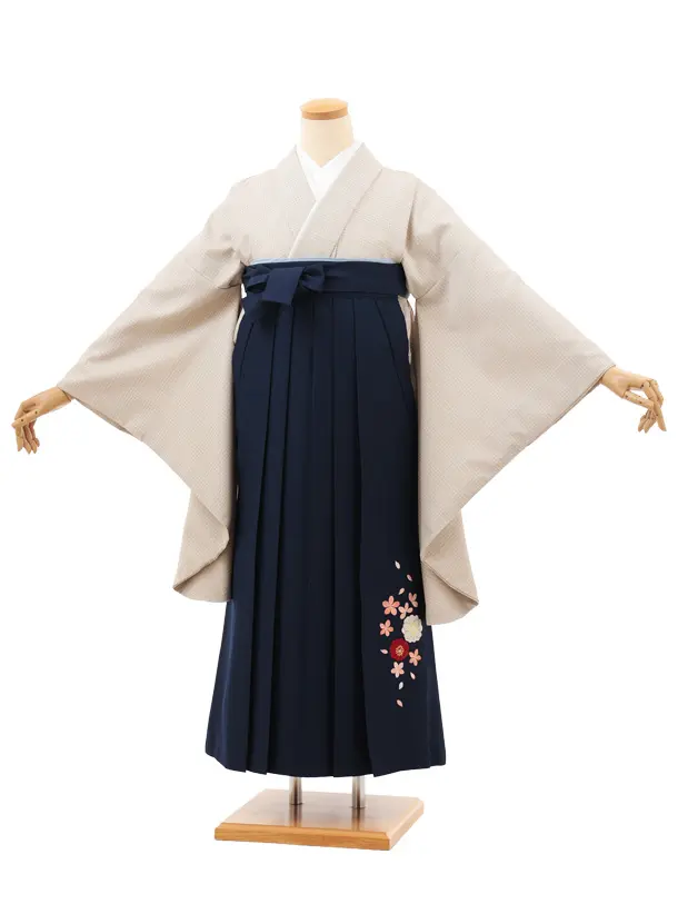 小学生卒業式略式袴(女の子) Z705 ベージュグレンチェック×紺桜