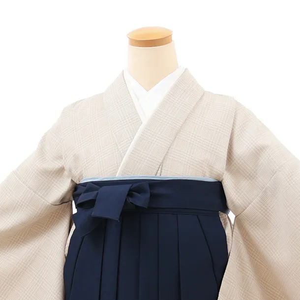 小学生卒業式略式袴(女の子) Z705 ベージュグレンチェック×紺桜