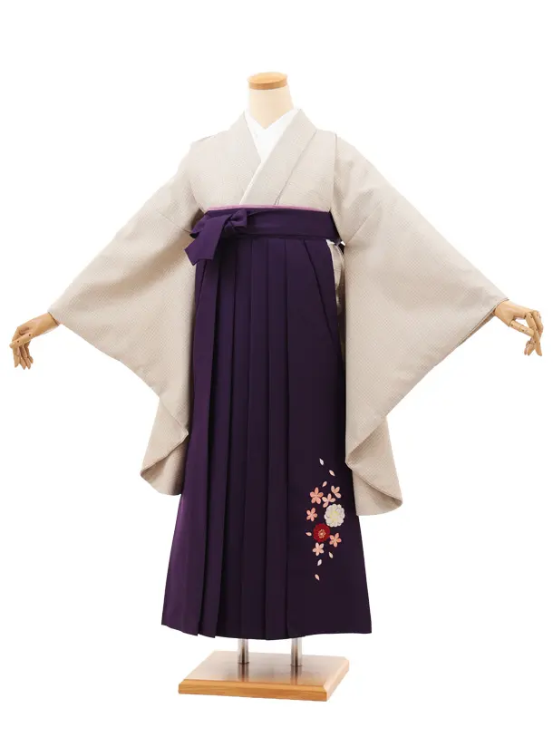 小学生卒業式略式袴(女の子) Z706 ベージュグレンチェック×紫桜