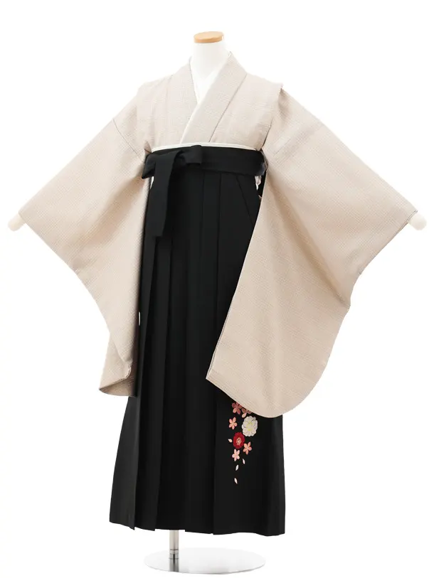 小学生卒業式略式袴(女の子) Z707 ベージュグレンチェック×黒桜