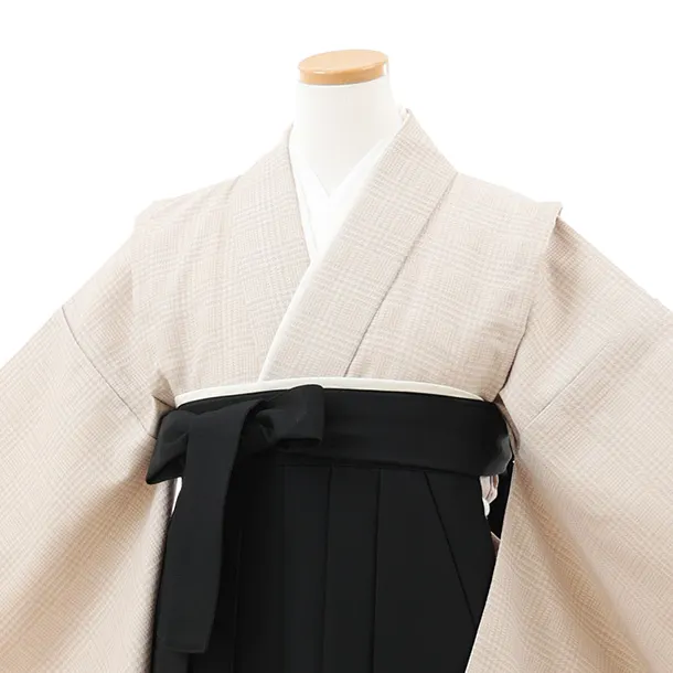 小学生卒業式かんたん袴(女の子) Z707 ベージュグレンチェック×黒桜